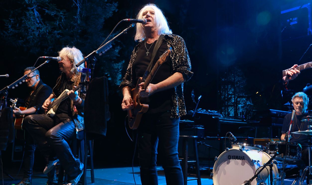 (L-R) Rick Savage and Joe Elliott of Def Leppard perform onstage during the 2025 Backyard Concert supporting Teen Cancer America and the UCLA Health Center at a private residence on October 03, 2025 in Pacific Palisades, California.