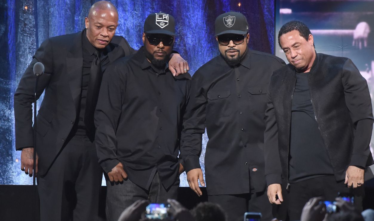 APRIL 08: MC Ren, Dr. Dre, Ice Cube and DJ Yella of N.W.A. speak onstage at the 31st Annual Rock And Roll Hall Of Fame Induction Ceremony at Barclays Center on April 8, 2016 in New York City.