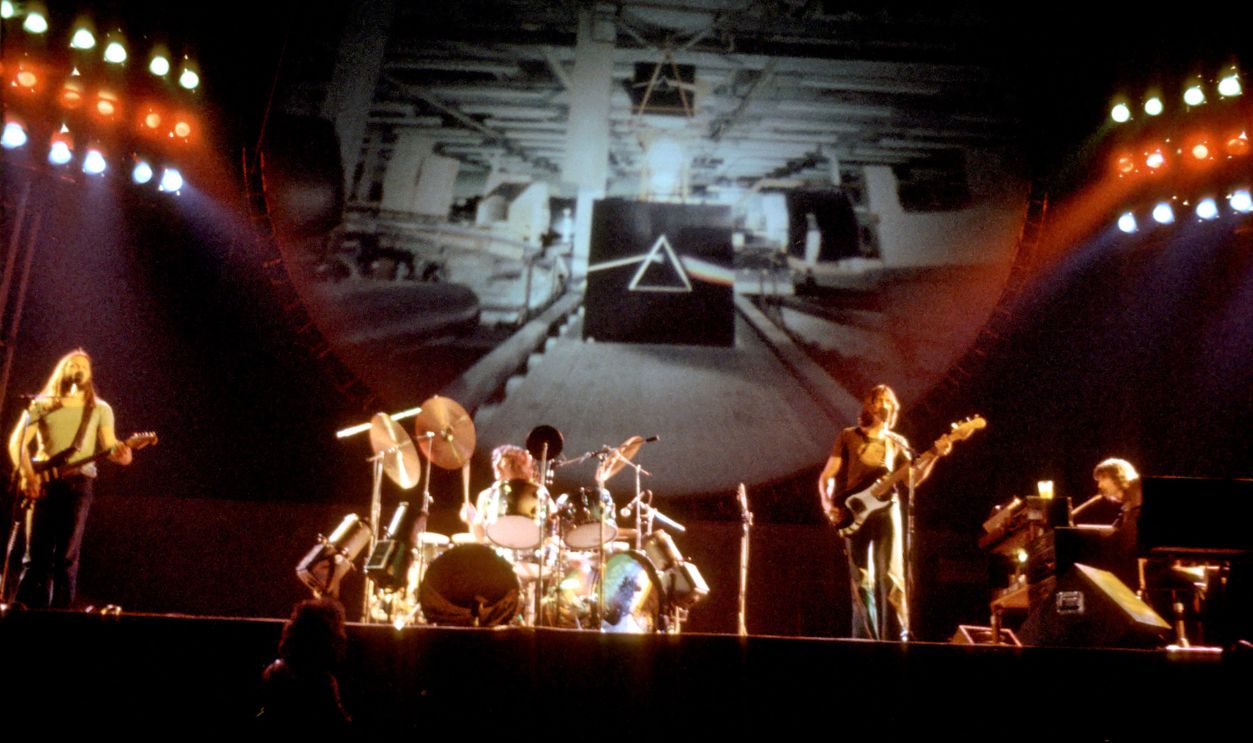 British rock band Pink Floyd (L-R David Gilmour, Nick Mason, Roger Waters and Rick Wright perform live at the Los Angeles Memorial Sports Arena in April 1975 in Los Angeles, California.