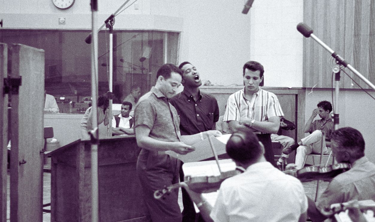 Soul singer Sam Cooke records at RCA Studios circa 1960 in Los Angeles, California.