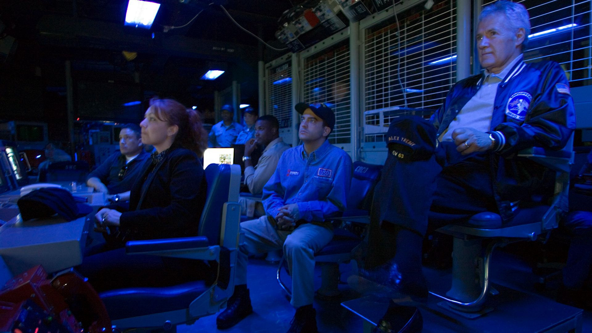 File:US Navy 070329-N-8591H-063 Alex Trebek of the trivia game show Jeopardy along with USO members and the Jeopardy film crew receive a brief about USS Kitty Hawk's (CV 63) capabilities.jpg