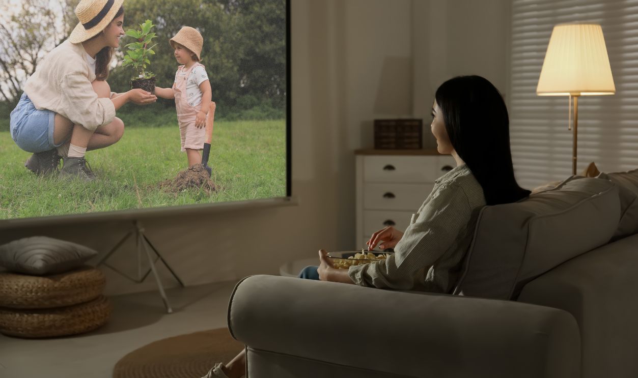 Young woman watching movie using video projector at home