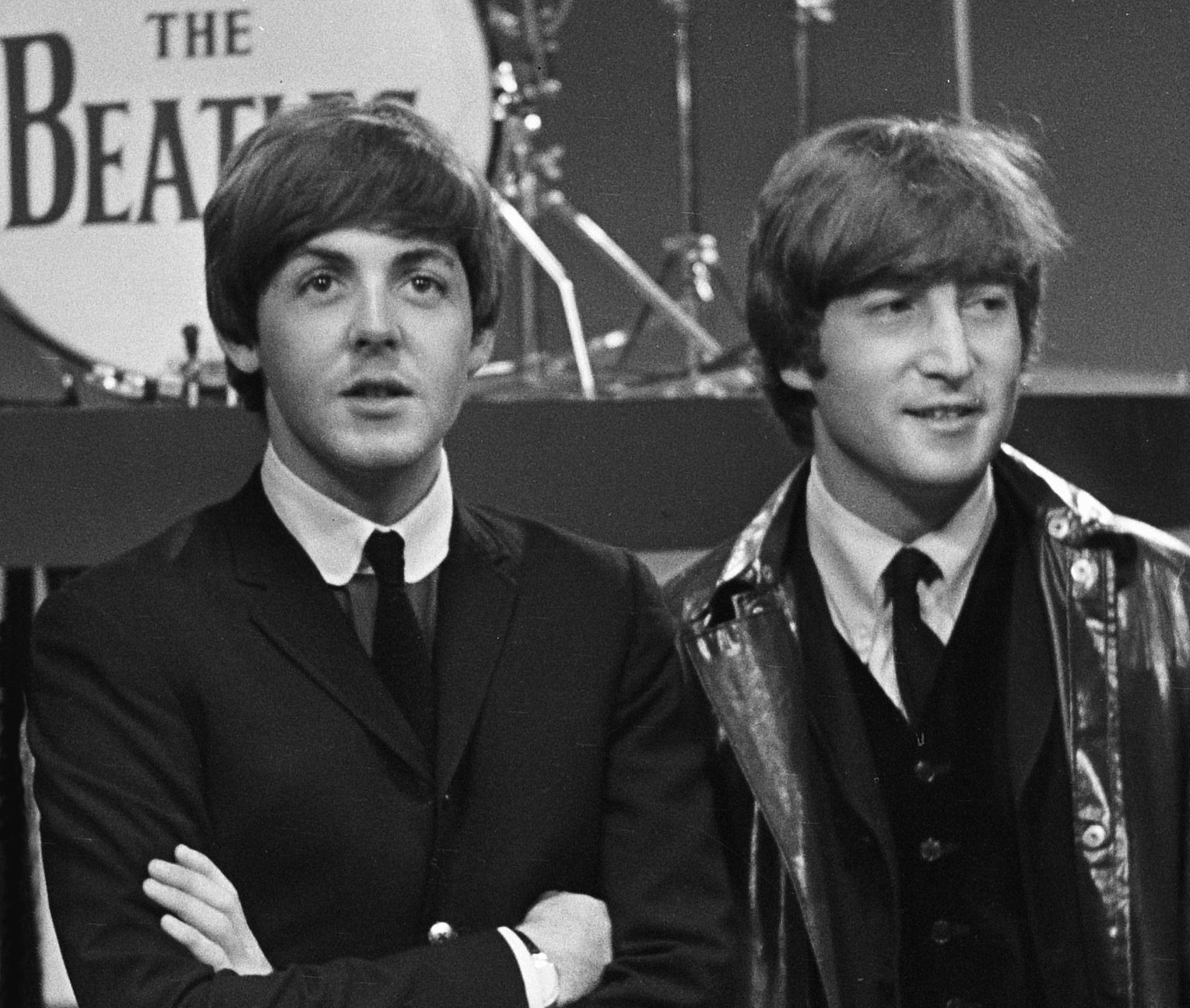 Grayscale Portrait Photo of Paul McCartney and John Lennon in 1964