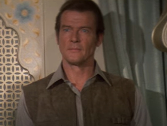 A visually captivating still taken from a pivotal moment in the film Octopussy (1983)Roger Moore as James Bond