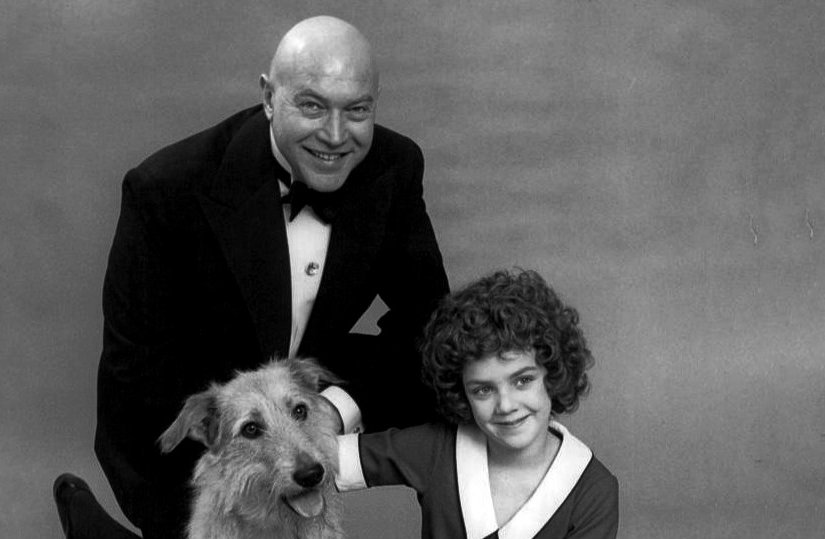 Publicity photo of Andrea McArdle as Annie, Reid Shelton as Daddy Warbucks and Sandy from the Broadway musical Annie