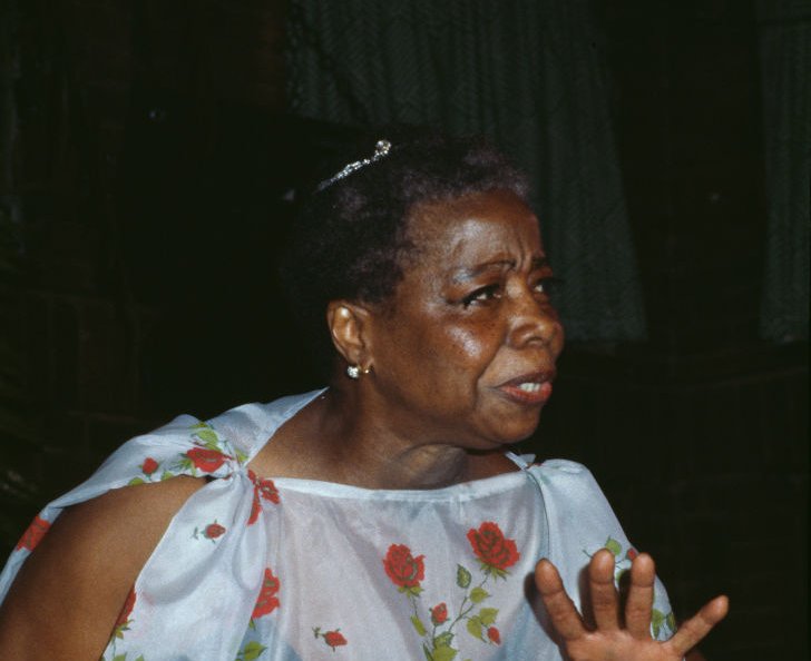 American actress Butterfly McQueen wearing a diaphanous floral-design dress