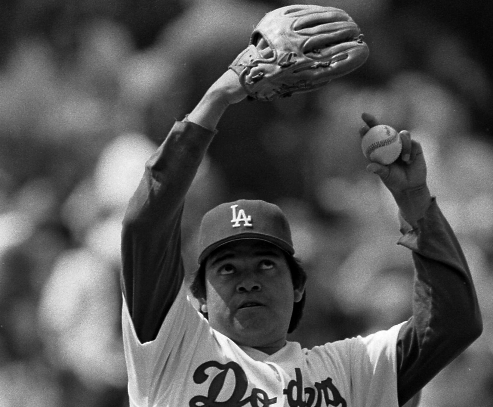 Grayscale Portrait Photo of Fernando Valenzuela In Wind Up For Pitch