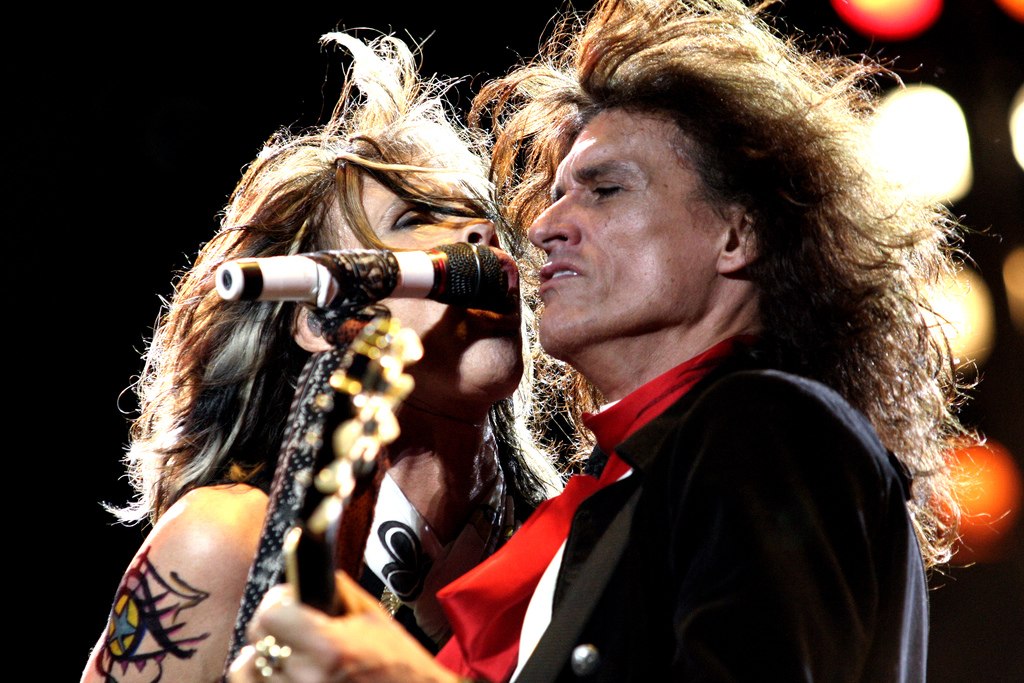 Portrait Photo of Steven Tyler and Joe Perry performing on stage