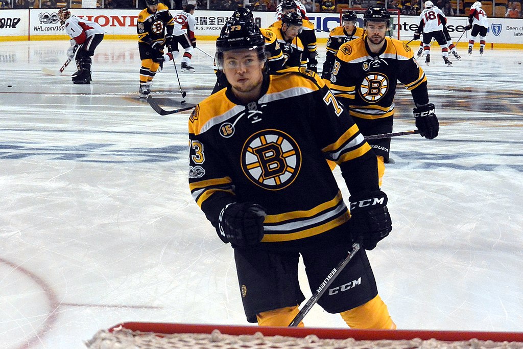 Charlie McAvoy and other players warming up in the 2017 Stanley Cup playoffs