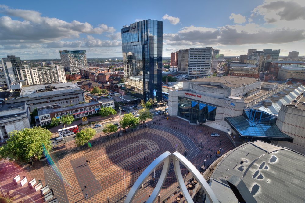 Centenary Square in Birmingham, UK with Cloudy Sky in the Background