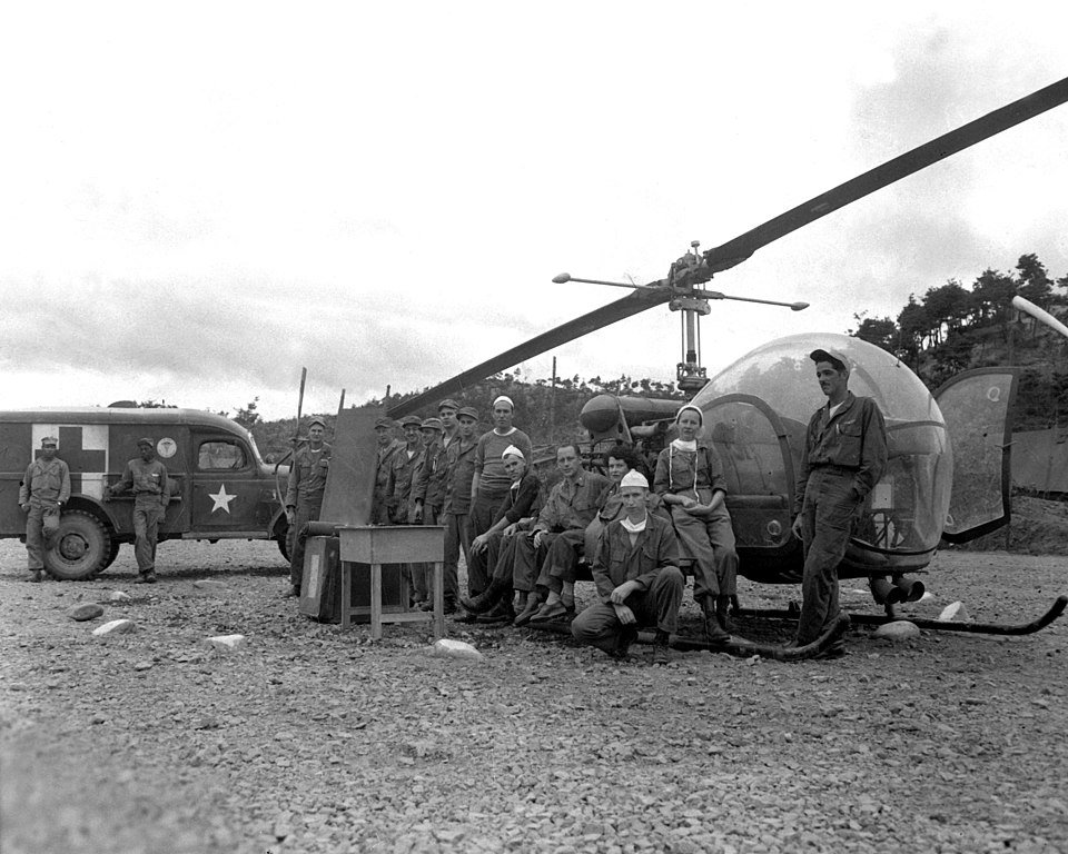 8225Th Mash Personnel With H-13 Helo In Korea 1951