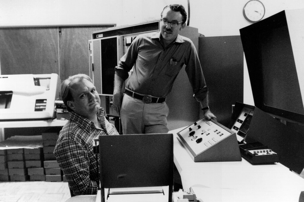 American astronomers James Christy (left) and Robert Harrington in 1978