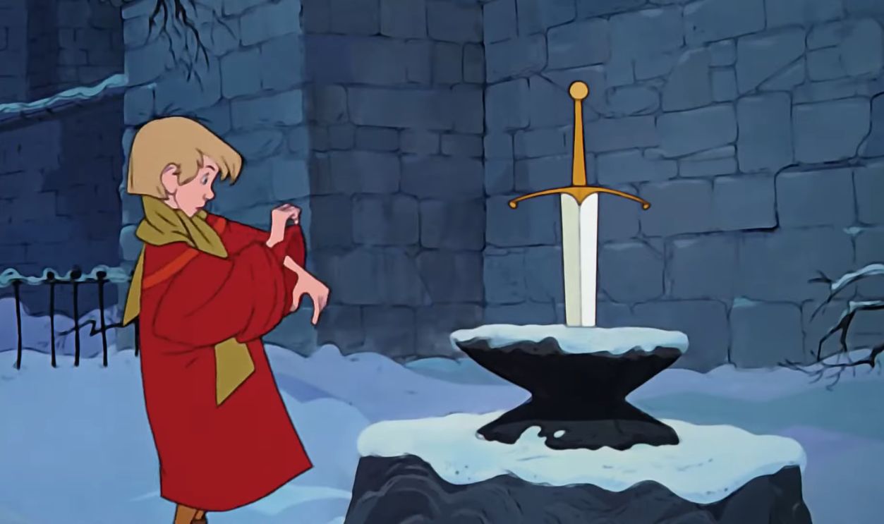 Sword stuck in stone with snow everywhere