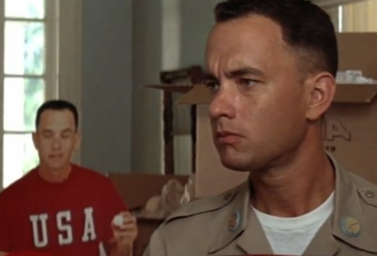 Tom Hanks as Forrest Gump in uniform looking left