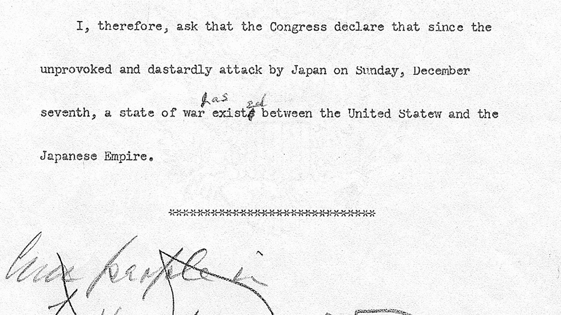 File:593345cAnnotated Draft of Proposed Message to Congress Requesting Declaration of War Against Japan, 12-07-1941, Page 3-3 (6023479302).jpg