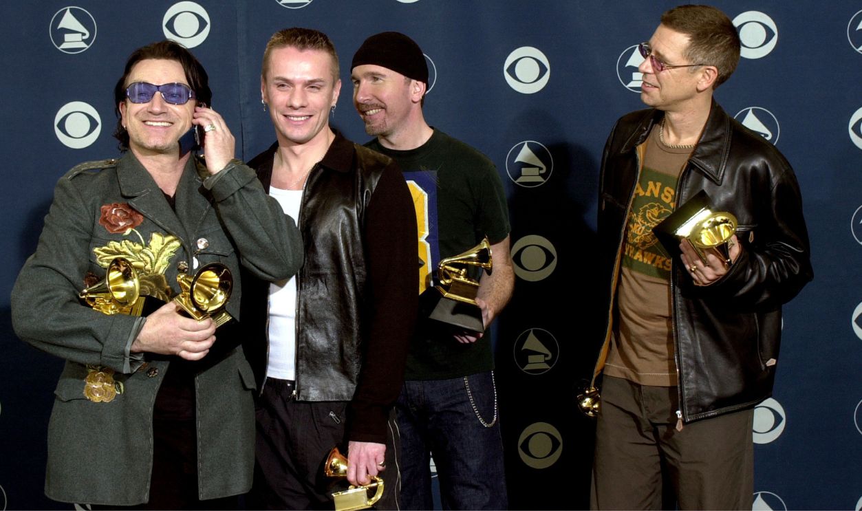 U2 poses with their awards backstage at the 43rd annual Grammy Awards February 21, 2001 at Staples Center in Los Angeles, CA.