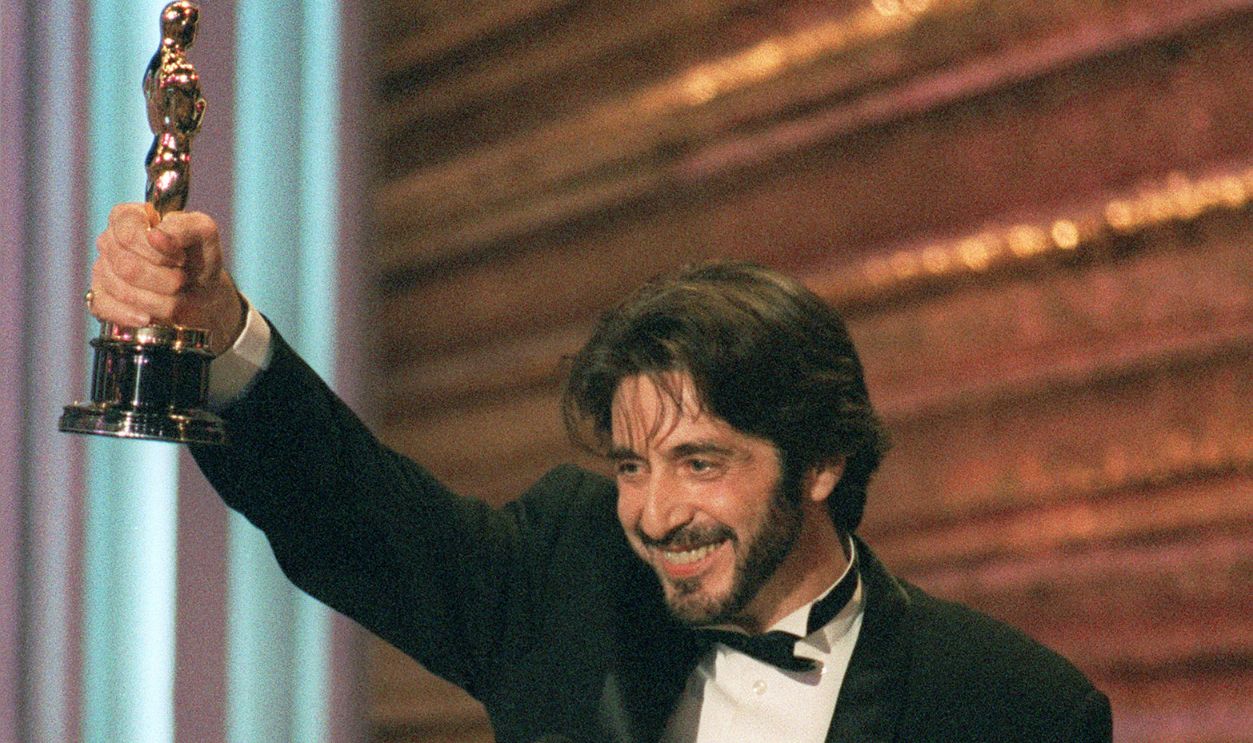US actor Al Pacino holds up his Oscar during the 65th Annual Academy Awards ceremony 29 March 1993 after being presented the Best Actor award for his performance in Martin Brest's 'Scent of a Woman.'