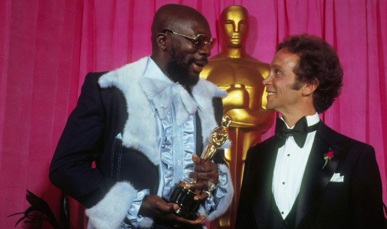 Composer Isaac Hayes holds Oscar he won for 