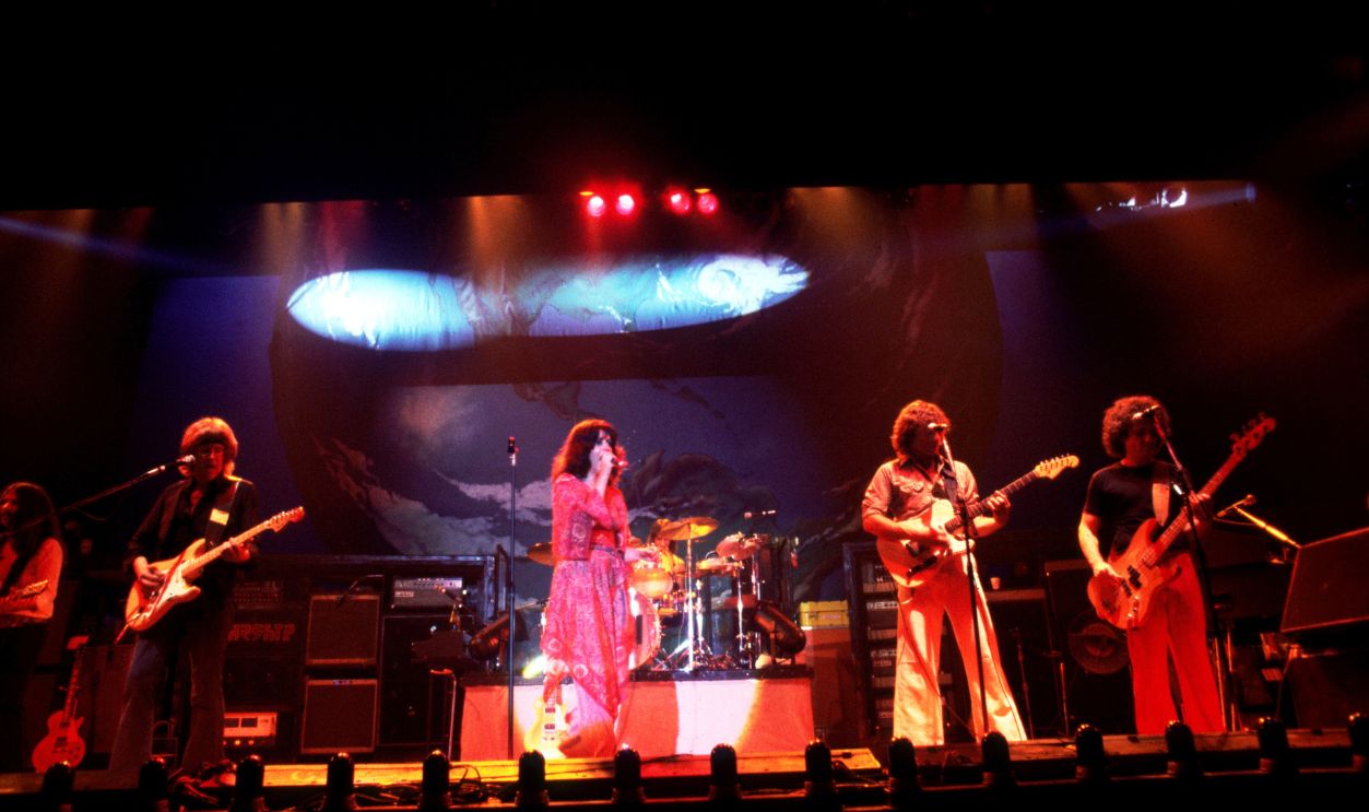Jefferson Starship perform on stage, New York, 1978, L-R Craig Chaquico;Paul Kantner;Grace Slick;Marty Balin;David Freiberg.