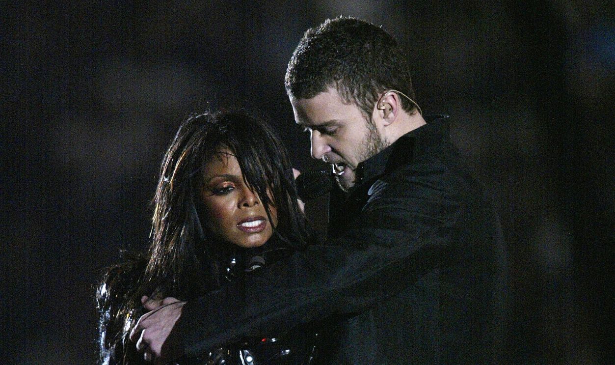 Justin Timberlake performs with Janet Jackson during the halftime show at Super Bowl XXXVIII between the New England Patriots and the Carolina Panthers at Reliant Stadium on February 1, 2004 in Houston, Texas.