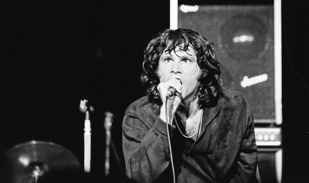 American Rock singer Jim Morrison (1943 - 1971), of the group the Doors, performs onstage at Town Hall, Philadelphia, Pennsylvania, June 18, 1967.