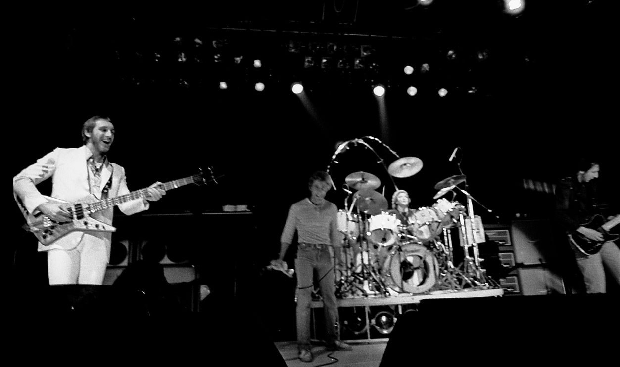 1980: British rock group The Who members: Pete Townshend, vocalist Roger Daltrey, bassist John Entwistle and drummer Keith Moon
