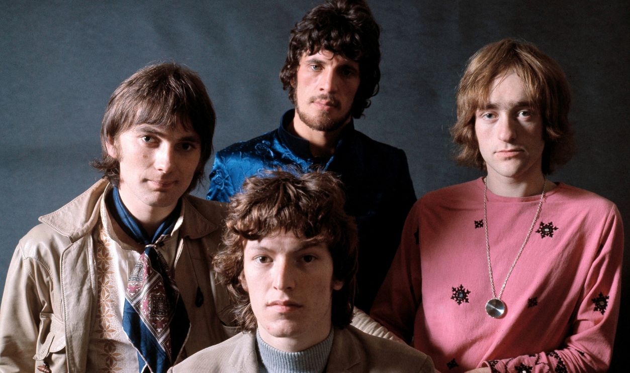 Traffic, studio group portrait, 1968, L-R Chris Wood, Steve Winwood, Jim Capaldi, Dave Mason.