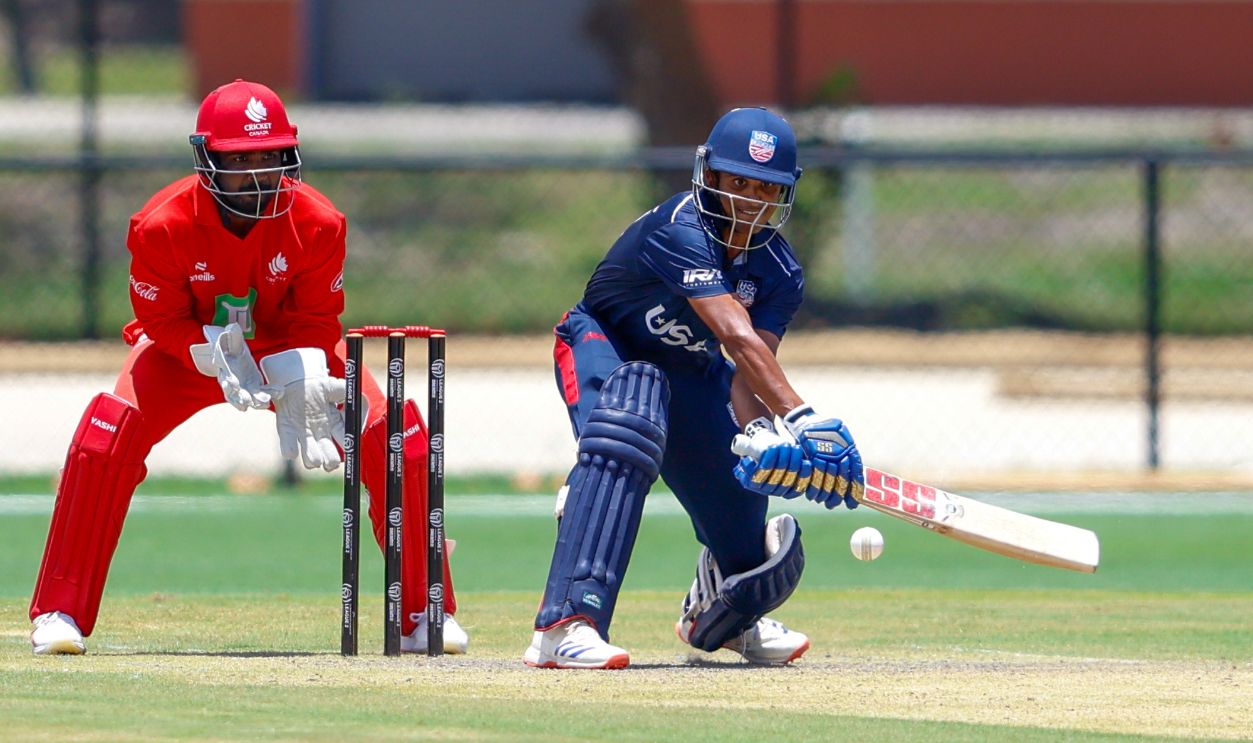 USA player Nosthush Kenjige (64) batting during the ICC Cricket World Cup League match between USA and Canada on May 25, 2025 at Central Broward Regional Park, Fort Lauderdale, Fla