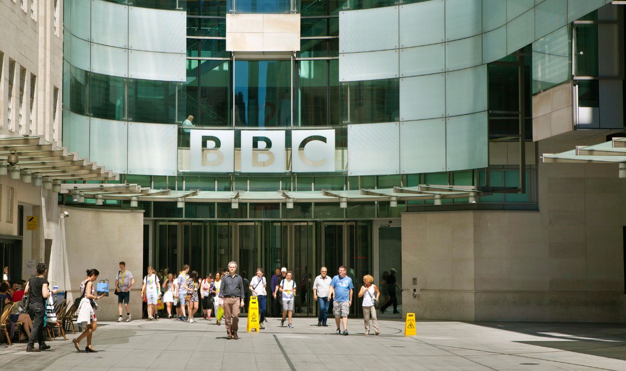 BBC head office and square in front of main entrance with walking people