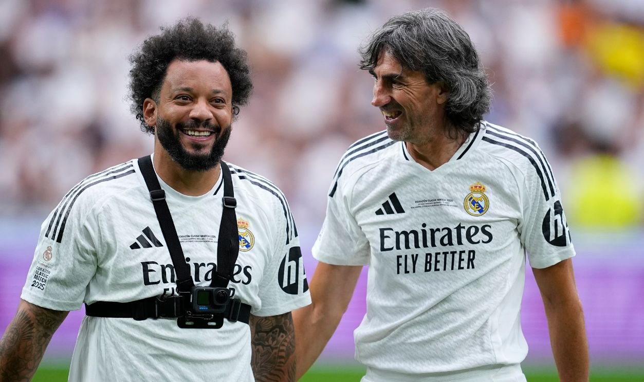 Marcelo Vieira and Jose Emilio Amavisca of Real Madrid during the Corazon Classic Match 2025 football match played between Real Madrid Leyendas and Borussia Dortmund Legends at Santiago Bernabeu stadium on June 07, 2025 in Madrid, Spain. 