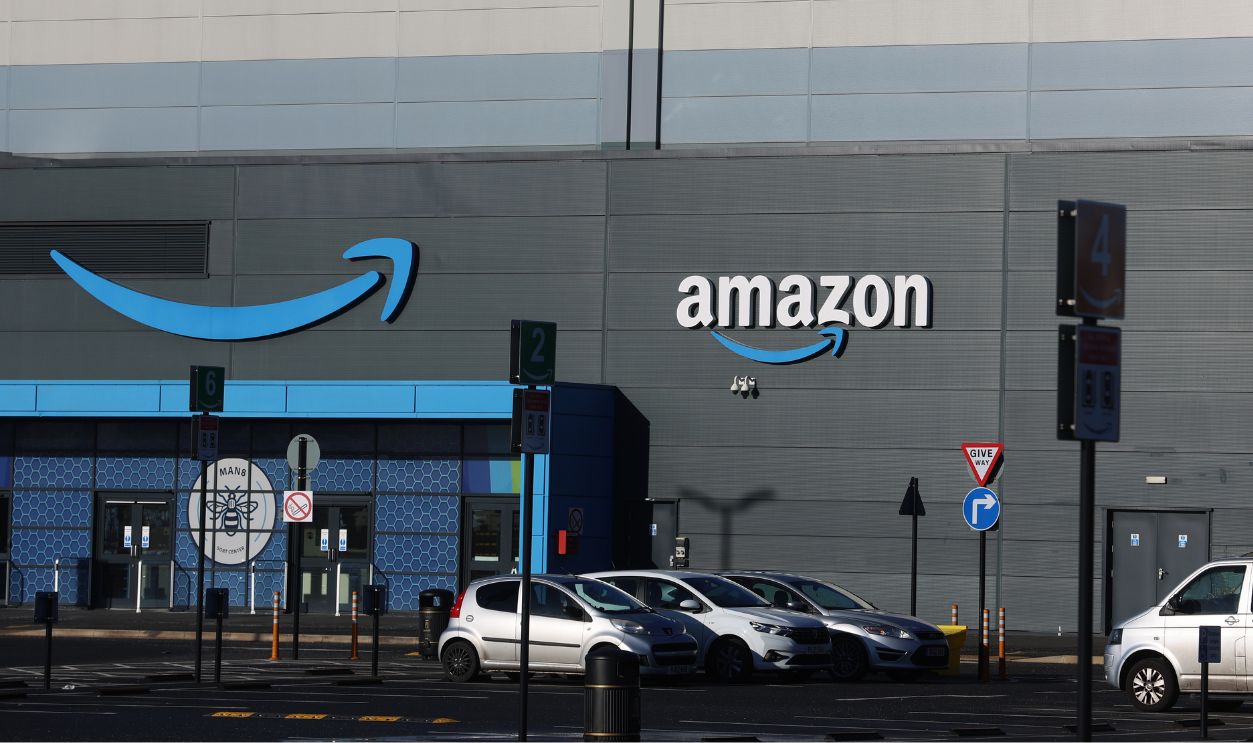 The Amazon logo is displayed outside Amazon UK MAN8 Warehouse on January 30, 2025 in Haydock, United Kingdom. 