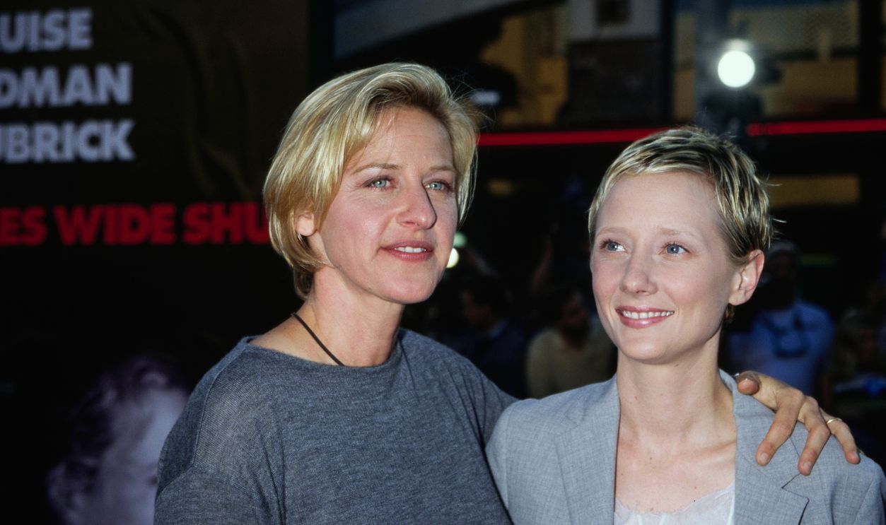 'Eyes Wide Shut' Westwood Premiere American television host and comedian Ellen DeGeneres, wearing a grey crew neck top, and American actress Anne Heche, who wears a grey suit over a white top, attend the Westwood premiere of 'Eyes Wide Shut', held at the Mann Village Theatre in the Westwood neighbourhood of Los Angeles, California, 13th July 1999.