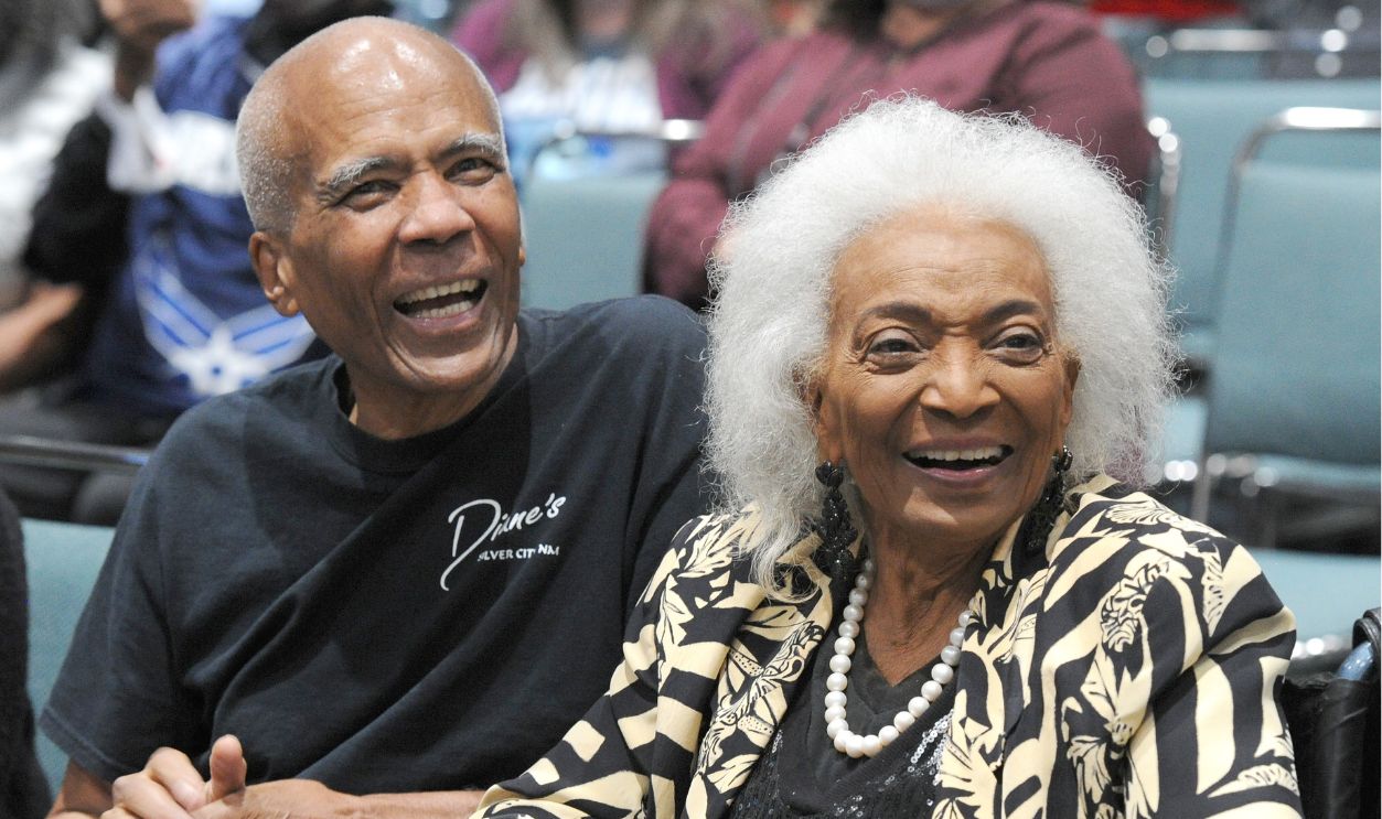 Nichelle Nichols and son Kyle Johnson attend Day 3 of the 2021 Los Angeles Comic Con held at Los Angeles Convention Center on December 5, 2021 in Los Angeles, California.