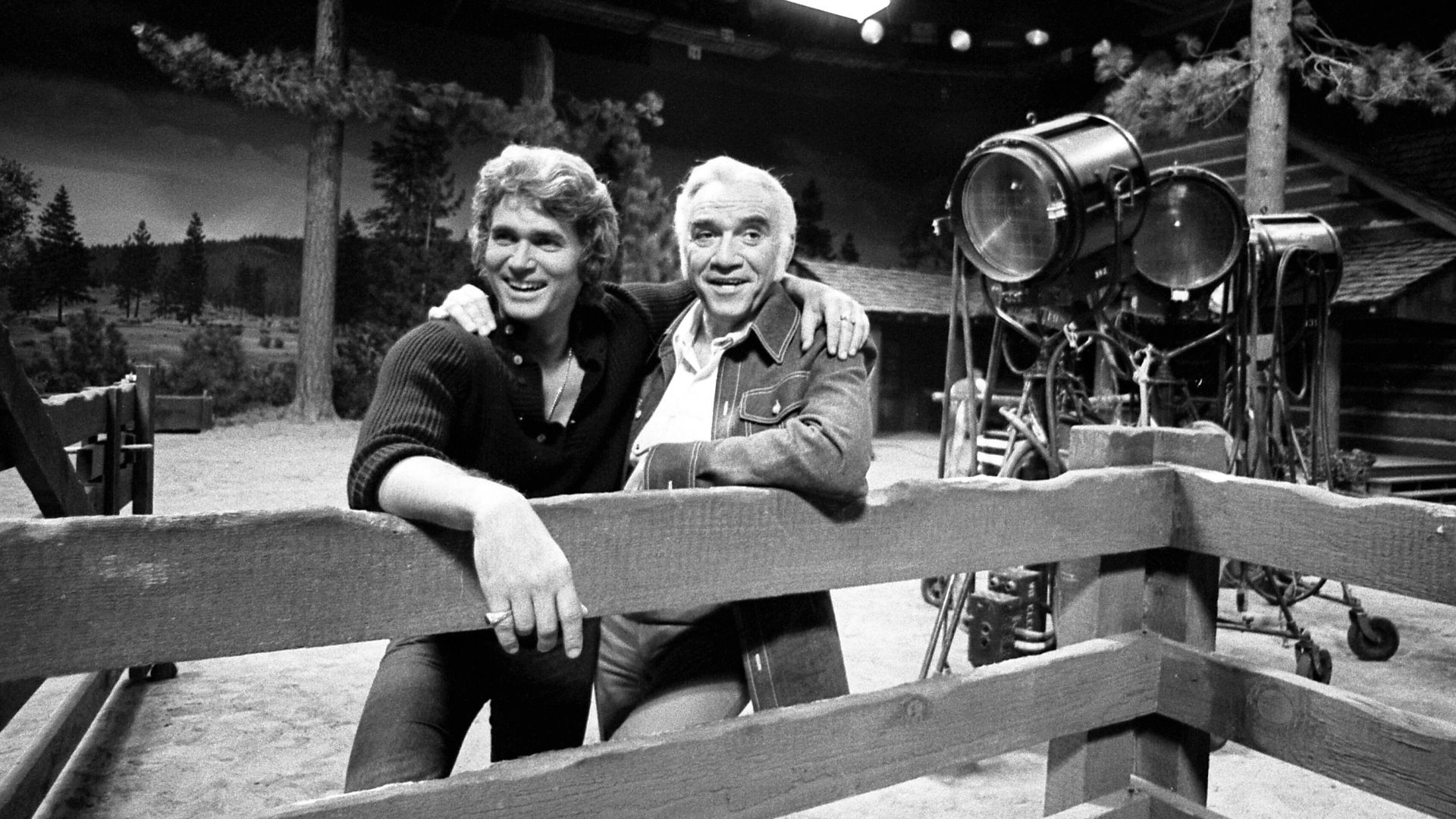 File:Michael Landon and Lorne Greene on the set of Bonanza.jpg