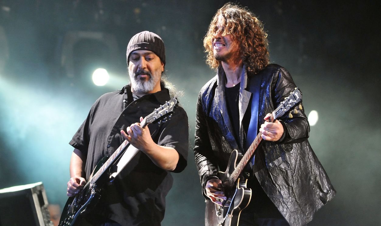 Kim Thayil and Chris Cornell of American rock group Soundgarden perform live on stage during the first day of Hard Rock Calling, at Hyde Park on July 13, 2012 in London, England.