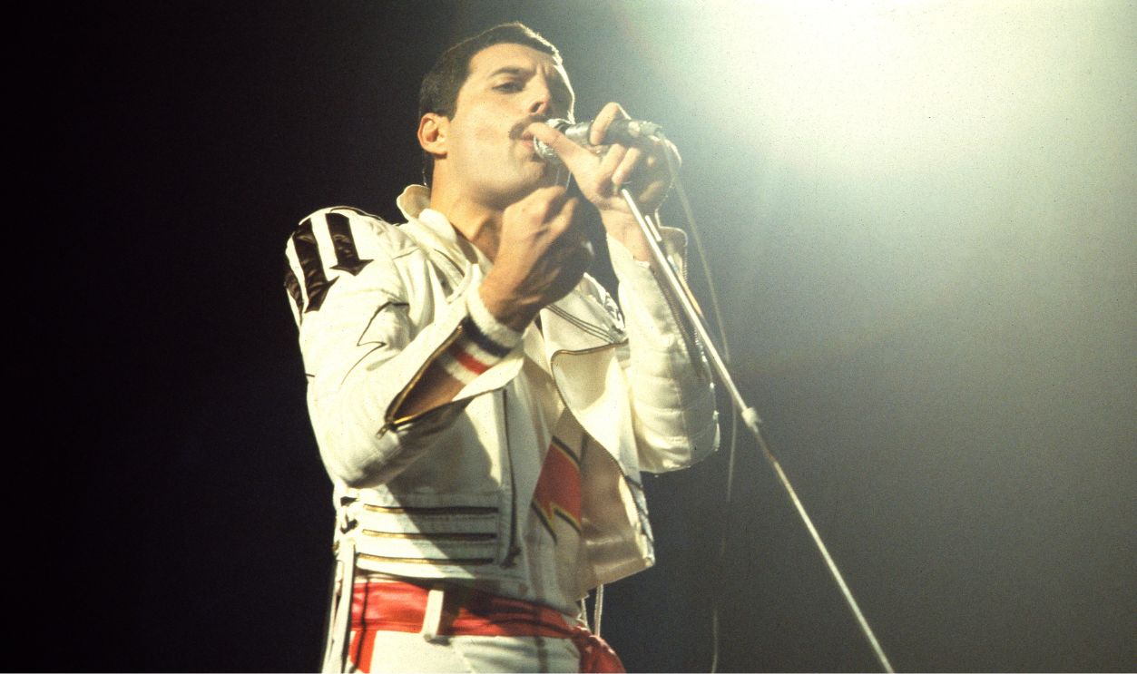 English Rock vocalist Freddie Mercury (1946 - 1991), of the group Queen, performs onstage at Byrne Arena, East Rutherford, New Jersey, August 9, 1982.