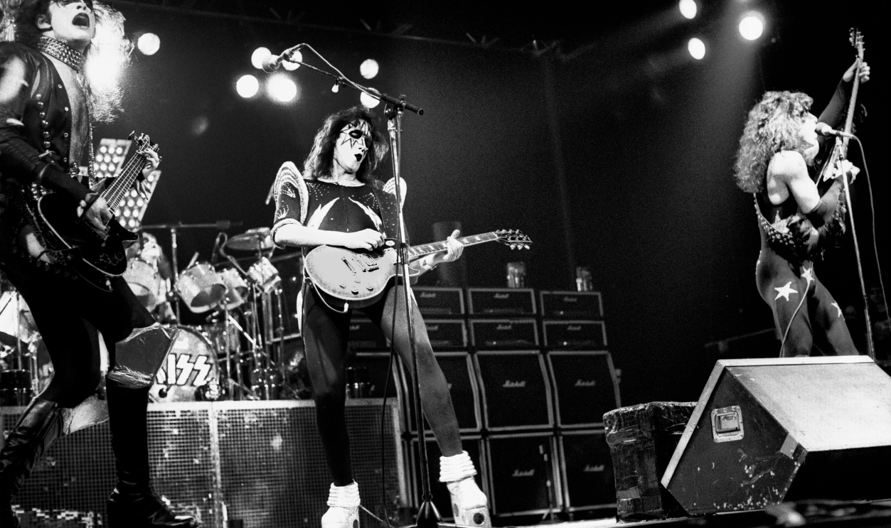 Left to right: Gene Simmons, Ace Frehley and Paul Stanley from Kiss perform live on stage at RAI Congrescentrum during their Alive! tour on May 23 1976