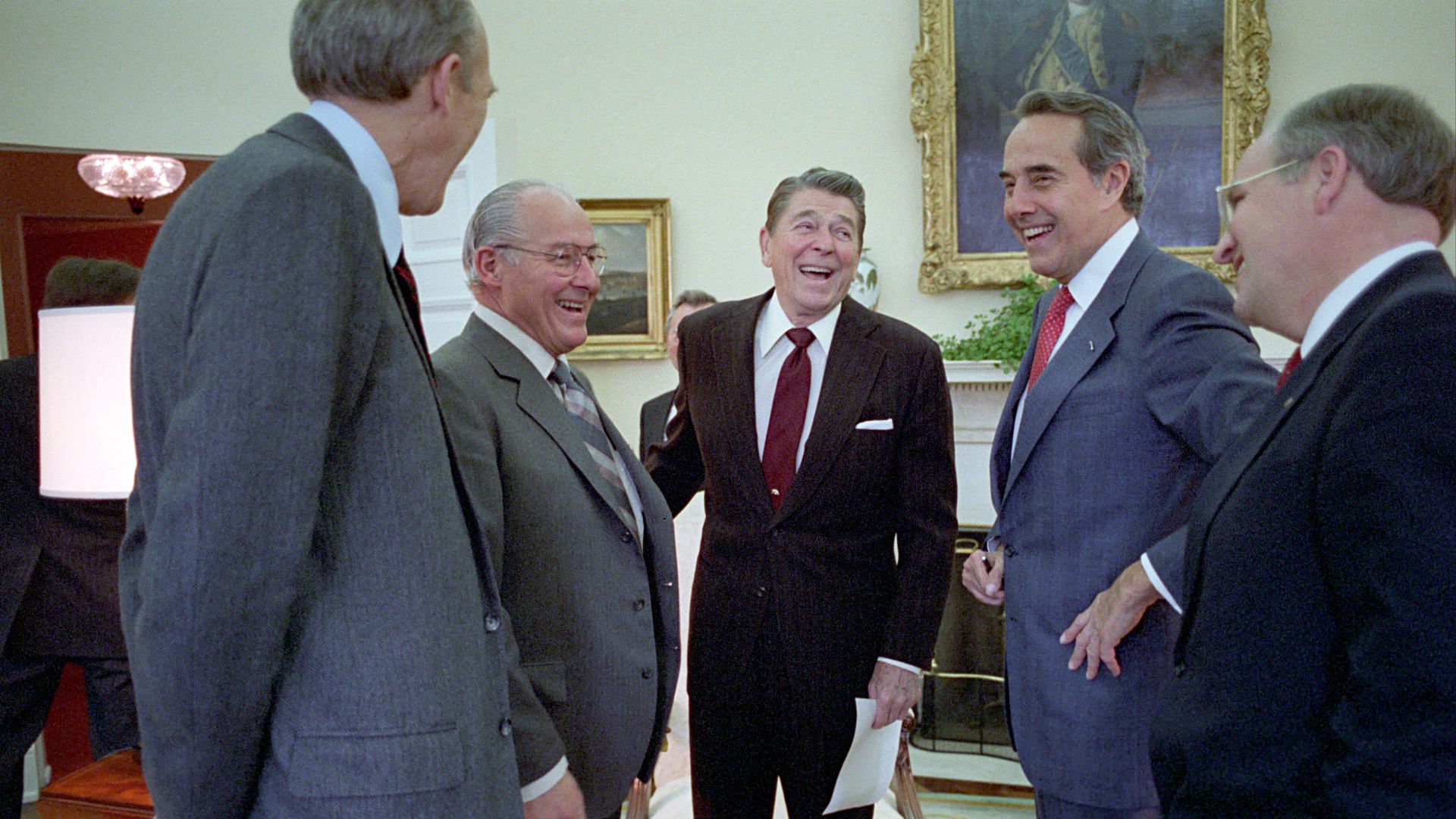 File:President Ronald Reagan laughing during a meeting to discuss the report of the Special Review Board for the National Security Council.jpg