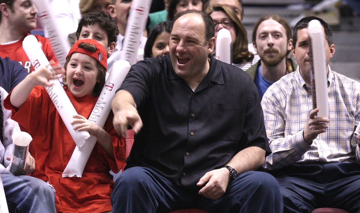James Gandolfini with son Michael during Celebrities Attend Toronto Raptors vs. New Jersey Nets Game - May 4, 2007 at Continental Arena in East Rutherford, New Jersey, United States.