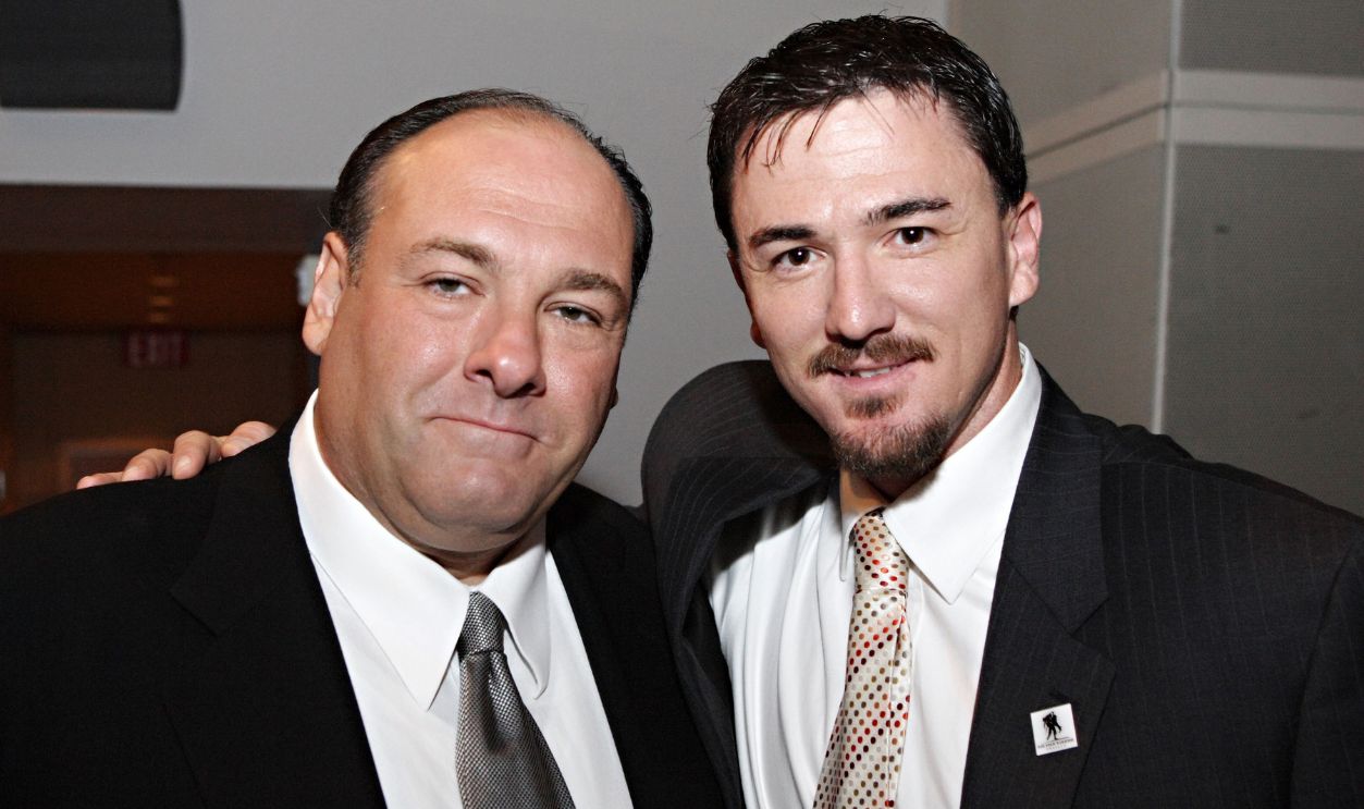 James Gandolfini with Marine Staff Sgt. John Jones at the HBO Premiere of 