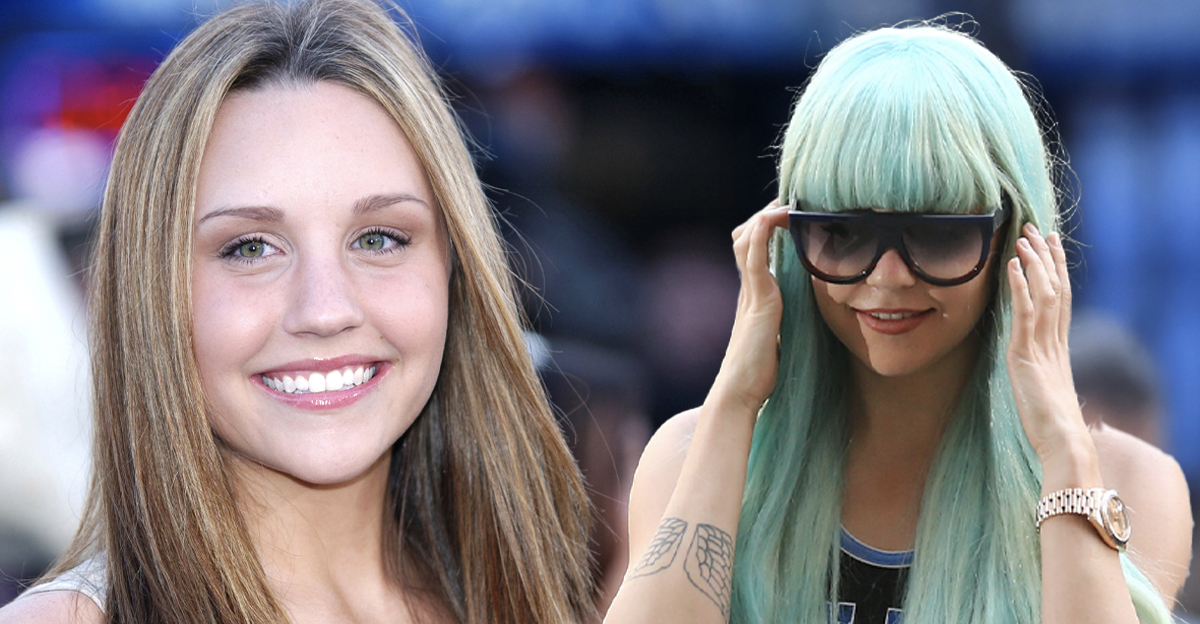 amanda bynes young and smiling with amanda bynes with blue hair and sunglasses