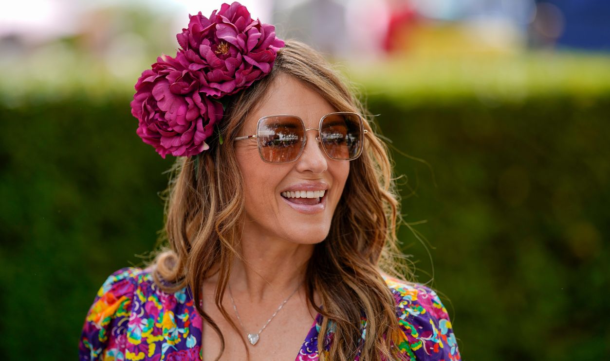 Actress Liz Hurley during day two of the Qatar Goodwood Festival at Goodwood Racecourse on July 27, 2022 in Chichester, England.