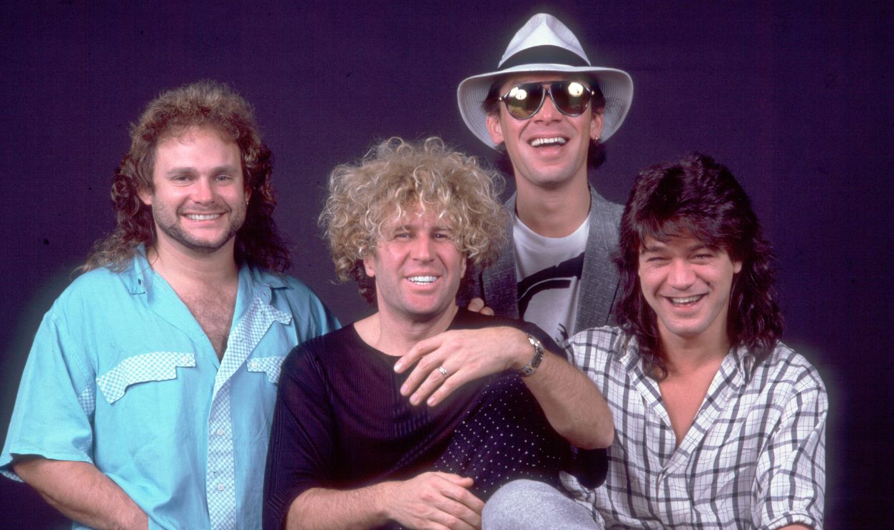 Portrait of Rock musicians Michael Anthony, Sammy Hagar, Eddie Van Halen (1955 - 2020), and Alex Van Halen, all of the group Van Halen, backstage at the Metro Center, Rockford, Illinois, March 16, 1986.