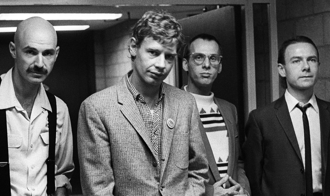 King Crimson group portrait, backstage at Vredenburg, Utrecht, Netherlands, 12th October 1981. L-R : Tony Levin, Bill Bruford, Adrian Belew, and Robert Fripp