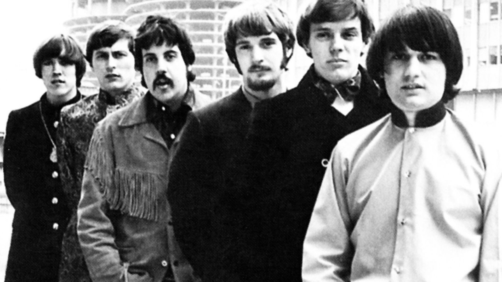 Photo of the rock group The New Colony Six. From left-Gerry Von Kollenberg, Ray Graffia, Jr., Ronnie Rice, Pat McBride, Chic James and Les Stewart.