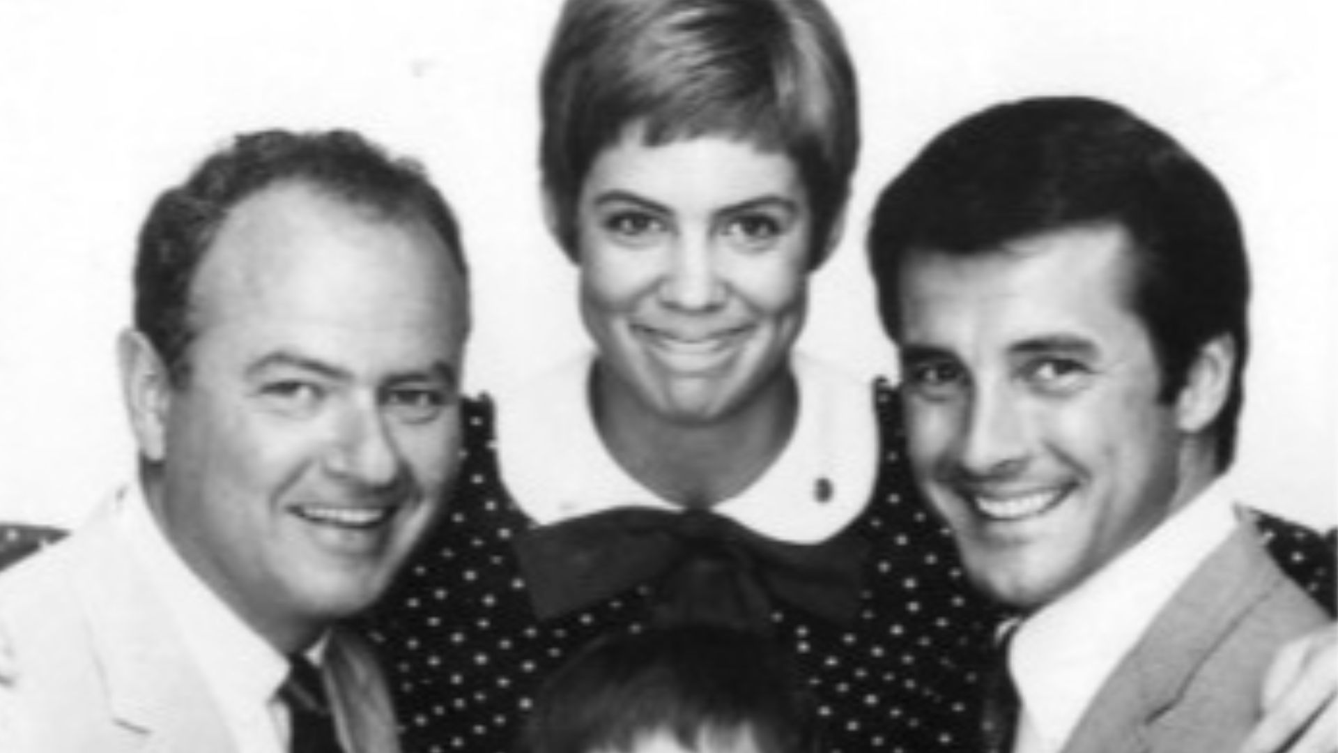 Publicity photo of the cast of The Carol Burnett Show. 1967: Carol Burnett, Harvey Korman, Vicki  Lawrence, Lyle Wagoner. 1977: Tim Conway, Vicki Lawrence, Harvey Korman, and Carol Burnett.