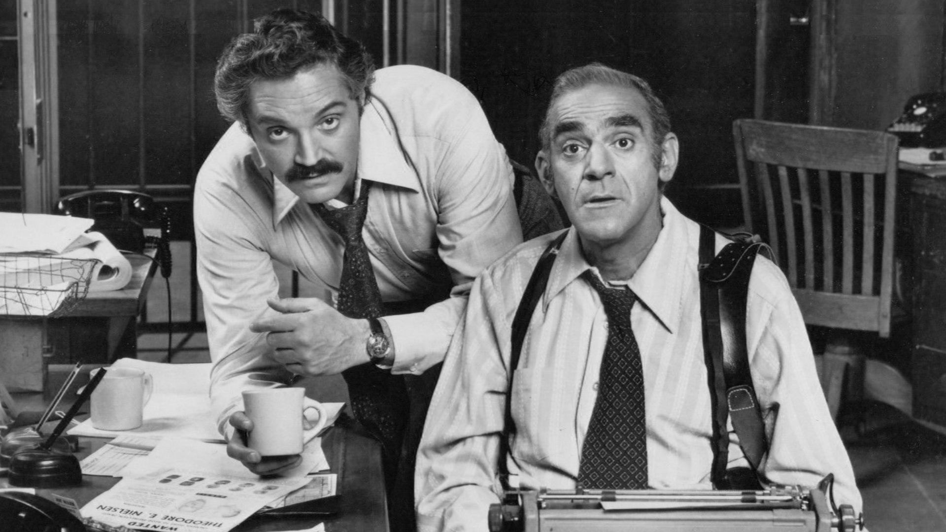 Photo of Hal Linden (Barney Miller) and Abe Vigoda (Detective Fish) from the television progrsm Barney Miller.