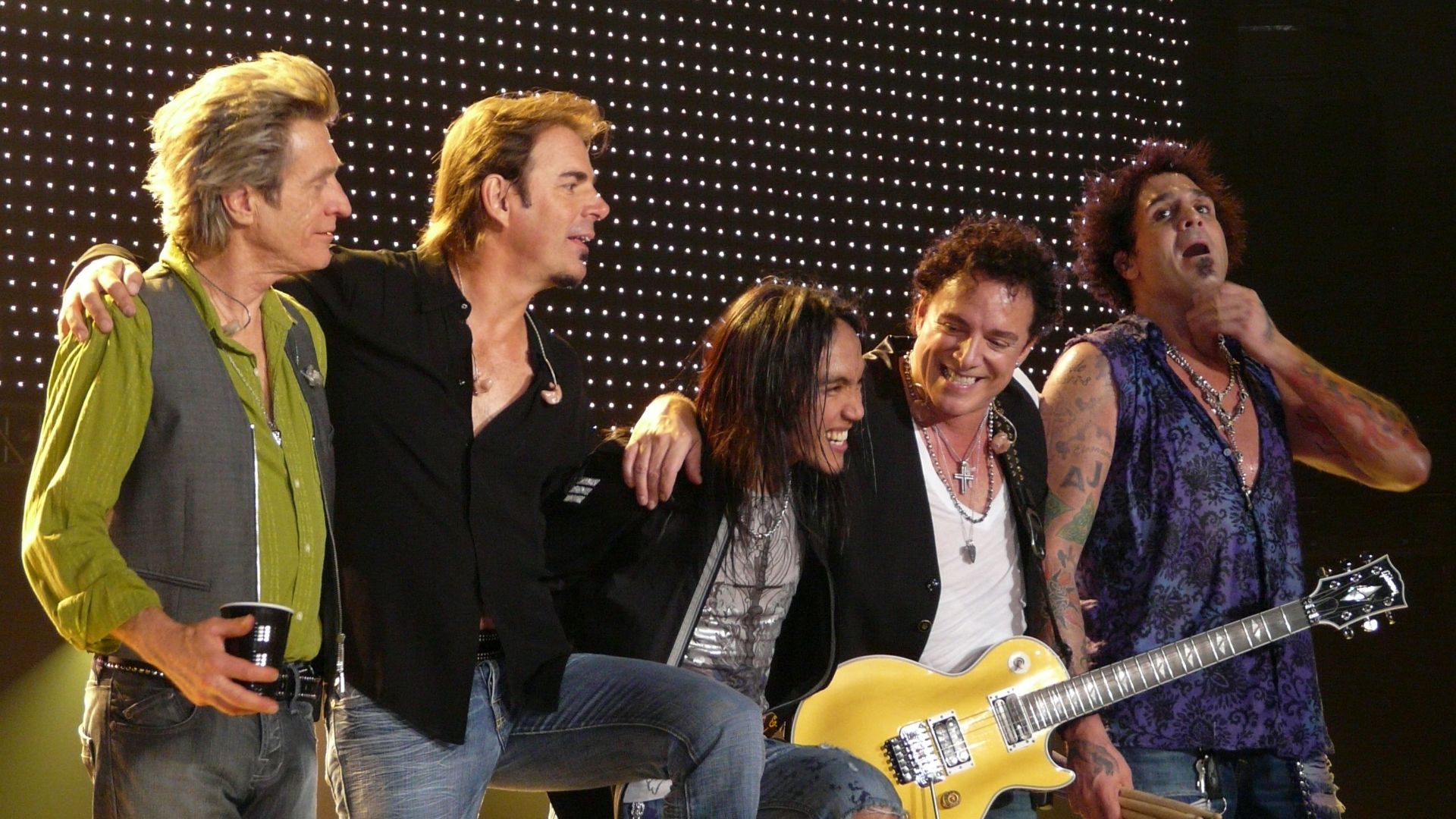 JOURNEY, Live in Minneapolis, MN on September 16, 2008, L-R: Ross Valory, Jonathan Cain, Arnel Pineda, Neal Schon, Deen Castronovo. Photo by Matt Becker, melodicrockconcerts@gmail.com