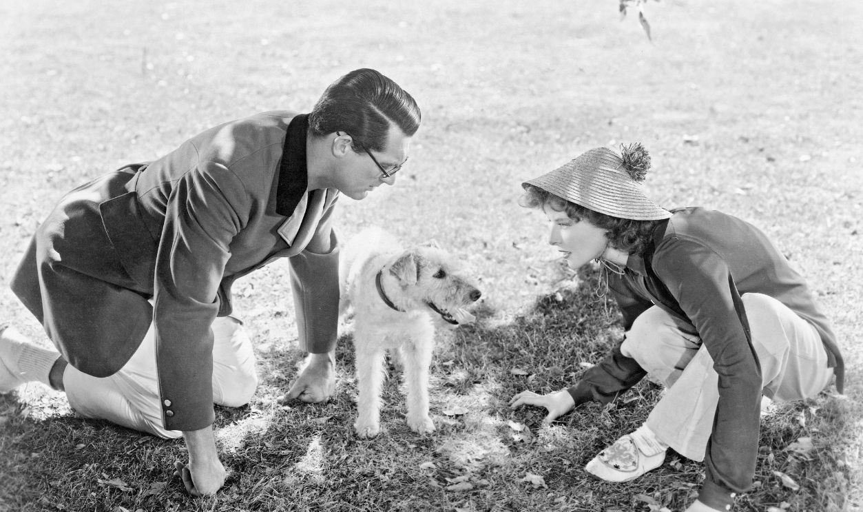 1938: Cary Grant and Katherine Hepburn are crouched on the ground as if waiting for Asta (the dog) to speak or lead the way, in this movie still from "Bringing Up Baby."