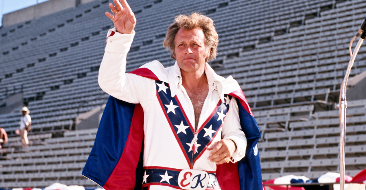 American daredevil and entertainer Evel Knievel poses for a portrait before a stunt, circa 1976
